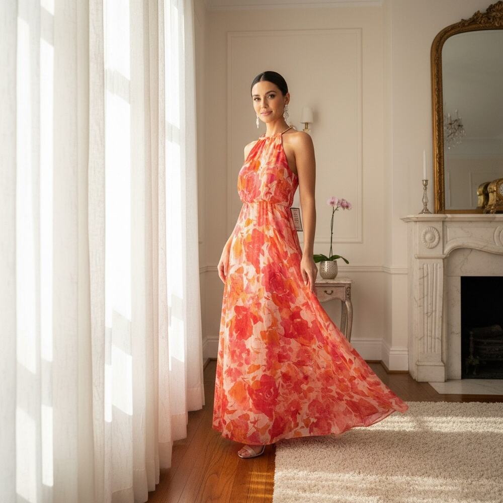 MSK Floral Halter Maxi Dress Sz 6 NWT Gold Strap Neckline Pull‑On No Zip